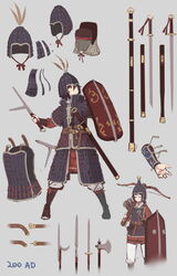  armor axe battle_axe belt black_hair bracer brown_eyes china chinese_armor chinese_empire closed_eyes commentary_request crossbow crossbow_bolt fangdan_runiu female fighting_stance grey_background han_dynasty helmet holding holding_crossbow holding_shield holding_sword holding_weapon ji_(weapon) jian_(weapon) lamellar_armor leg_wrap military multiple_views original over_shoulder plume polearm quiver scabbard sheath sheathed shield short_hair shoulder_armor simple_background soldier spear standing sword weapon weapon_over_shoulder 