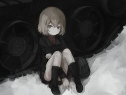  bad_id bad_pixiv_id between_legs black_footwear black_skirt black_socks blonde_hair blue_eyes caterpillar_tracks closed_mouth commentary_request female girls_und_panzer green_jacket gyup hair_between_eyes hand_between_legs hand_on_own_arm helmet jacket katyusha_(girls_und_panzer) knees_together_feet_apart loafers long_sleeves looking_at_viewer md5_mismatch military military_vehicle miniskirt motor_vehicle pleated_skirt pravda_school_uniform red_shirt school_uniform shirt shoes short_hair sitting sitting_against_vehicle skirt snow socks solo tank tank_helmet turtleneck uniform unworn_headwear unworn_helmet 