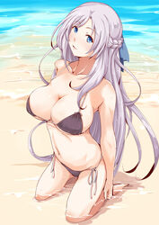  bad_id bad_pixiv_id bikini black_bikini blue_eyes breasts female french_text gothic_wa_mahou_otome grey_hair hanchou_(shirokun555) kneeling large_breasts long_hair outdoors plumeria_(gothic_wa_mahou_otome) solo swimsuit water 