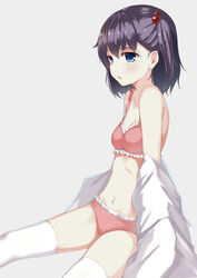  absurdres anhao bare_shoulders blue_eyes blush bra breasts collarbone commentary_request eyebrows female frilled_bra frilled_panties frills hair_bobbles hair_ornament highres ke-ta_(style) long_sleeves looking_away navel off_shoulder one_side_up ooya-san_wa_shishunki open_mouth panties photoshop_(medium) pink_bra pink_panties purple_hair satonaka_chie_(ooya-san_wa_shishunki) shirt short_hair simple_background sitting small_breasts solo stomach thighhighs underwear underwear_only white_background white_shirt white_thighhighs 