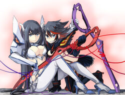  2girls black_hair blue_eyes breasts cleavage commentary_request impossible_clothes junketsu kill_la_kill kiryuuin_satsuki large_breasts long_hair looking_at_viewer matoi_ryuuko mero_(starfish_jcs) multicolored_hair multiple_girls revealing_clothes scissor_blade_(kill_la_kill) senketsu short_hair siblings sisters sitting smile spiked_hair string string_of_fate two-tone_hair very_long_hair 