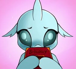  aer0_zer0 arthropod blue_body blue_eyes blue_sclera blue_skin blush book changeling embarrassed female feral friendship_is_magic hasbro horn looking_at_viewer my_little_pony ocellus_(mlp) shy simple_background solo text 