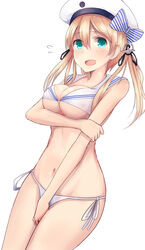  bad_id bad_pixiv_id bikini blonde_hair blush breasts cosplay covering_crotch covering_privates embarrassed female green_eyes hat highres kantai_collection kinryuu large_breasts long_hair navel open_mouth prinz_eugen_(kancolle) sailor_bikini sailor_collar sailor_hat shiny_skin side-tie_bikini_bottom standing swimsuit twintails white_bikini white_hat z3_max_schultz_(kancolle) z3_max_schultz_(kancolle)_(cosplay) z3_max_schultz_(swimsuit_mode)_(kancolle) 