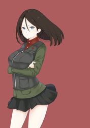  absurdres arms_under_breasts black_hair black_skirt black_vest blue_eyes breast_hold breasts closed_mouth commentary cowboy_shot crossed_arms emblem female frown girls_und_panzer green_jacket highres jacket large_breasts long_hair long_sleeves looking_at_viewer military military_uniform miniskirt nonna_(girls_und_panzer) pleated_skirt pravda_military_uniform red_background red_shirt shimesaba_(simesabaikka) shirt simple_background skirt solo standing swept_bangs turtleneck uniform vest wind zipper 