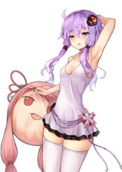  :o ahoge arm_behind_head arm_up armpits bare_arms bare_shoulders blush breasts cleavage collarbone commentary_request cowboy_shot dress female flower hair_ornament holding kotonoha_akane open_mouth pillow pink_flower purple_dress purple_eyes purple_hair se-u-ra short_dress short_hair_with_long_locks sidelocks simple_background skindentation sleeveless sleeveless_dress small_breasts solo thighhighs vocaloid voiceroid white_background white_thighhighs yuzuki_yukari yuzuki_yukari_(onn) zettai_ryouiki 