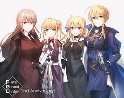  1other 3girls :d anniversary artoria_pendragon_(fate) artoria_pendragon_(lancer)_(fate) artoria_pendragon_(lancer)_(formal_dress)_(fate) asymmetrical_clothes bad_id bad_pixiv_id bare_shoulders black_bow black_choker black_coat black_dress black_gloves black_necktie blonde_hair blue_cape blue_eyes blue_thighhighs blush bow breasts cape chevalier_d&#039;eon_(fate) chevalier_d&#039;eon_(formal_dress)_(fate) chihuri choker closed_mouth coat coat_on_shoulders collared_shirt copyright_name dress elbow_gloves fate/grand_order fate_(series) florence_nightingale_(fate) florence_nightingale_(formal_dress)_(fate) flower gloves green_eyes grey_background gun hair_between_eyes hair_flower hair_ornament handgun jacket jeanne_d&#039;arc_(fate) jeanne_d&#039;arc_(formal_dress)_(fate) large_breasts light_brown_hair long_hair long_sleeves multicolored_cape multicolored_clothes multiple_girls necktie open_mouth pepperbox_revolver photoshop_(medium) pink_flower purple_dress red_eyes red_jacket red_skirt see-through shirt side_ponytail sidelocks simple_background skirt sleeveless sleeveless_dress sleeves_past_wrists smile sword thighhighs very_long_hair weapon white_cape white_gloves white_shirt 