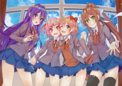  4girls :d :o ;d black_thighhighs blue_eyes blue_skirt blue_sky bow brown_hair cloud commentary day doki_doki_literature_club english_commentary green_eyes grey_jacket hair_ribbon hairbow holding_hands indoors interlocked_fingers jacket long_hair looking_at_viewer monika_(doki_doki_literature_club) multiple_girls natsuki_(doki_doki_literature_club) one_eye_closed open_clothes open_jacket open_mouth pink_eyes pink_hair pleated_skirt ponytail purple_eyes purple_hair red_bow ribbon sayori_(doki_doki_literature_club) school_uniform short_hair skirt sky smile thighhighs two_side_up very_long_hair white_ribbon window xhunzei yuri_(doki_doki_literature_club) 