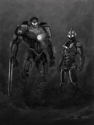  2others arm_blade armor assault_visor clenched_hands color_timer commentary crossover dark eatalllot english_commentary formal giant gipsy_danger glowing glowing_eyes greyscale height_difference highres jaeger_(pacific_rim) looking_at_viewer mask mecha mechanical_arms mechanical_legs military military_vehicle monochrome multiple_others no_humans nuclear_reactor pacific_rim realistic robot science_fiction single_mechanical_arm size_comparison size_difference smoke standing suit super_robot sword ultra_series ultraman ultraman_(hero&#039;s_comics) weapon 