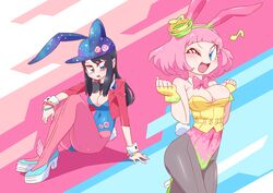  2girls absurdres animal_ears baseball_cap black_hair blue_eyes blue_leotard blush breasts cleavage commentary_request covered_navel fake_animal_ears fingerless_gloves gloves hat highres jacket kamen_rider kamen_rider_ex-aid_(series) large_breasts leotard looking_at_viewer medium_breasts multiple_girls musical_note one_eye_closed open_mouth otokamu pantyhose pink_eyes pink_hair playboy_bunny poppi_pipopapo rabbit_ears rabbit_tail saiba_niko shiny_skin shoes short_hair smile strapless strapless_leotard tail wrist_cuffs 