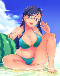  bad_id bad_pixiv_id barefoot bikini black_hair blue_eyes blush breasts chiha_(abo_ecm_mk25) day female food fruit glasses groin highres large_breasts long_hair looking_at_viewer navel ocean open_mouth saitou_kaede_(yama_no_susume) sky smile solo sweat swimsuit watermelon yama_no_susume 