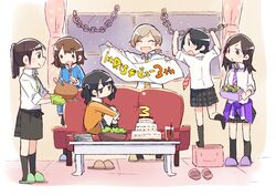  6+girls :3 :d :o ^_^ ahoge akaneya_himika apron banner black_apron black_hair black_legwear blue_footwear blue_jacket blue_neckwear blush_stickers bowl brown_hair cake closed_eyes clothes_around_waist collared_shirt commentary_request couch cup curtains drinking_glass food green_footwear green_neckwear group_name holding holding_tray hugging_own_legs indoors iris_(band) jacket jacket_around_waist jitome kneehighs knees_up kubota_miyu long_hair miniskirt multiple_girls necktie o_o oerba_yun_fang open_mouth orange_footwear orange_jacket oven_mitts paper_chain pink_footwear plaid plaid_skirt plate plate_stack pleated_skirt ponytail purple_footwear purple_jacket purple_necktie real_life red_necktie salad serizawa_yuu shibuya_azuki shirt short_hair sidelocks sitting skin_fang skirt sleeves_rolled_up slippers smile snowing socks standing standing_on_box standing_on_one_leg striped striped_necktie table taneda_yuuta tray turkey_(food) twintails unworn_slippers v-shaped_eyebrows voice_actor waist_apron wakai_yuuki white_shirt window yamakita_saki yellow_footwear yellow_necktie |_| 