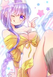  ;q bb_(fate) bb_(swimsuit_mooncancer)_(fate) bb_(swimsuit_mooncancer)_(first_ascension)_(fate) blush braid breasts commentary_request fate/grand_order fate_(series) female hat long_hair medium_breasts moru navel one_eye_closed purple_eyes purple_hair single_braid sitting solo star_(symbol) starry_background swimsuit tongue tongue_out white_background white_hat 