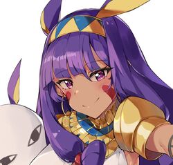  animal_ears blunt_bangs blush closed_mouth commentary dark-skinned_female dark_skin earrings facial_mark fate/grand_order fate_(series) female hair_between_eyes headband hoop_earrings jackal_ears jewelry long_hair looking_at_viewer medjed_(fate) nitocris_(fate) purple_eyes purple_hair reaching reaching_towards_viewer selfie shoulder_pads simple_background smile solo symbol-only_commentary tuxedo_de_cat white_background 