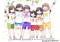  6+girls :d ^_^ ahoge akaneya_himika argyle_clothes argyle_shorts arm_around_shoulder bamboo black_hair blue_shorts branch brown_hair closed_eyes clothes_writing commentary_request confetti congratulations full_body green_shorts group_name holding holding_branch holding_hands iris_(band) kubota_miyu long_hair multiple_girls open_mouth orange_shorts purple_scarf purple_shorts rainbow_order real_life red_shorts scarf serizawa_yuu shibuya_azuki shirt short_hair shorts smile standing standing_on_one_leg sweatband t-shirt tanabata taneda_yuuta tanzaku voice_actor w wakai_yuuki white_footwear white_shirt yamakita_saki yellow_shorts 