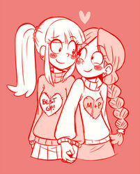  2girls bad_id bad_pixiv_id blunt_bangs blush blush_stickers braid closed_mouth couple cowboy_shot cropped_legs earrings english_text eye_contact eyebrows gias-ex-machella gravity_falls hair_ornament heart heart_earrings heart_print holding_hands jewelry long_hair long_sleeves looking_at_another mabel_pines monochrome multiple_girls pacifica_northwest parted_bangs pink_background pleated_skirt ponytail red_theme sidelocks simple_background single_braid skirt smile sweater yuri 