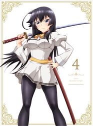  black_eyes black_hair black_pantyhose female jinryou_karen long_hair lowres official_art ore_ga_ojou-sama_gakkou_ni_&quot;shomin_sample&quot;_toshite_rachirareta_ken pantyhose school_uniform solo sword weapon white_background 