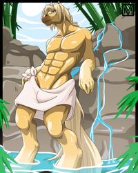  2012 4:5 5_fingers abs al_(alcapwny) anthro athletic athletic_anthro athletic_male bamboo bamboo_tree black_border blue_eyes blue_sky border brown_body brown_fur day detailed_background digital_media_(artwork) equid equine fingers front_view fur hair hi_res horse hot_spring humanoid_hands lapres leaning leaning_backward male mammal navel outside outside_border partially_submerged pecs plant portrait rock sky solo tail tan_hair tan_tail three-quarter_portrait towel towel_only tree water watermark 