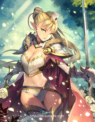  armor blonde_hair breasts cape cleavage commentary_request earrings expressionless female flower fur_trim gauntlets green_eyes hat holding holding_weapon jewelry knight large_breasts leotard looking_at_viewer luoxuan_jingjie_xian lvans navel pauldrons photoshop_(medium) pointy_ears ponytail rose sheath shoulder_armor sleeveless star_(symbol) sword thigh_gap thighhighs translucent weapon white_flower white_rose 