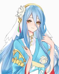  azura_(fire_emblem) azura_(new_year)_(fire_emblem) bad_id bad_twitter_id blue_hair blue_kimono closed_mouth commentary female fire_emblem fire_emblem_fates fire_emblem_heroes hair_between_eyes japanese_clothes kimono long_hair long_sleeves obi sash simple_background smile solo veil white_background wide_sleeves yellow_eyes yoru_(yowuyoru) 