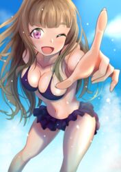  bikini blurry blush breasts brown_hair cleavage commentary_request depth_of_field eyebrows female highres idolmaster idolmaster_cinderella_girls kamiya_nao long_hair looking_at_viewer medium_breasts one_eye_closed open_mouth pointing purple_eyes smile solo swimsuit zakuro0508 