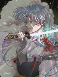  inuko_(pixiv_6096383) inuyasha male pointy_ears sesshoumaru sword tattoo 