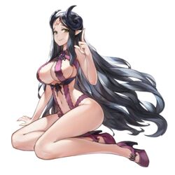  bad_link bare_legs bare_shoulders black_hair breasts demon_girl demon_horns eyebrows facial_mark female forehead_mark full_body green_eyes high_heels horns king&#039;s_raid large_breasts long_hair looking_at_viewer navel official_art pointing pointing_up pointy_ears purple_footwear purple_sweater red_pupils revealing_clothes shamilla sitting smile solo sweater swimsuit transparent_background very_long_hair wavy_hair 