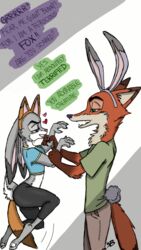  9:16 anthro canid canine claws clothed clothing dialogue dipstick_ears disney duo ear_markings english_text fake_ears fake_fox_ears fake_fox_tail fake_rabbit_ears fake_rabbit_tail fake_tail female fox fur gloves_(marking) grey_body grey_fur half-closed_eyes heart_symbol judy_hopps lagomorph leporid male mammal markings midriff multicolored_ears narrowed_eyes nick_wilde orange_body orange_fur purple_eyes rabbit rarewhoroastbeast_(artist) red_body red_fox red_fur scut_tail short_tail tail text true_fox zootopia 