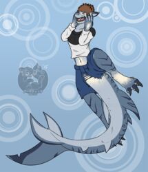  anthro arcticfrigidfrostfox bottomwear claws clothing digitigrade feet fin fish growth hi_res human humanoid_pointy_ears male mammal marine membrane_(anatomy) pants shark shirt snout solo species_transformation tail tail_growth thick_tail toes tofubread topwear transformation webbed_feet webbed_hands 