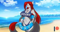  beach big_breasts bikini blue_eyes breasts chest_tuft clothing domestic_cat eliza_(mastergodai) felid feline felis female fur grey_body grey_fur hair heterochromia huge_breasts life_ring long_hair mammal mastergodai orange_eyes police red_hair seaside solo swim_ring swimwear tuft 