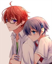  1boy blue_eyes commentary_request female glasses hair_ornament hairclip highres hug hug_from_behind ikushima_sora mullet necktie purple_eyes purple_hair red_hair sano_(merrymerry) school_uniform shinomiya_yuuki short_hair tokyo_xanadu 