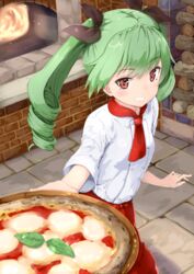  alternate_costume ame. anchovy_(girls_und_panzer) apron ascot blush bow brick_oven chef commentary_request drill_hair female fire firewood food girls_und_panzer green_hair grin hairbow highres holding holding_food holding_pizza indoors long_hair looking_at_viewer margherita_pizza md5_mismatch outstretched_arm oven pizza red_eyes smile solo sparks twin_drills waist_apron wood 