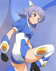  armor ass black_gloves blue_eyes blue_hair blue_leotard boots breasts clenched_hand closed_mouth female flipped_hair from_side fujihara_hibari gloves greaves happy haruyama_kazunori headgear high_heel_boots high_heels leg_lift leg_up leotard light_smile looking_to_the_side medium_breasts puffy_short_sleeves puffy_sleeves robot_girls_z short_hair short_sleeves sideboob sidelocks smile solo standing standing_on_one_leg thighhighs touei_the_kaiser vambraces white_leotard white_thighhighs 