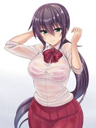  amaama_to_inazuma blush bra bra_visible_through_clothes breasts commentary_request female green_eyes iida_kotori large_breasts long_hair looking_at_viewer pleated_skirt ponytail purple_bra purple_hair school_uniform see-through sengoku_aky shirt simple_background skirt solo underwear wet wet_clothes wet_shirt white_background 