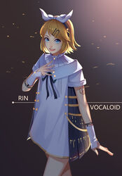  absurdres ang_(6107939) blonde_hair blue_eyes character_name commentary_request copyright_name female hair_ribbon highres kagamine_rin legs miku_symphony_(vocaloid) open_mouth ribbon short_hair solo swept_bangs tattoo thighs vocaloid walking 