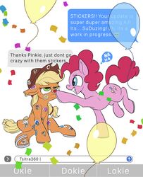  2016 applejack_(mlp) balloon blue_eyes body_stickers clothing color_coded color_coded_message_box color_coded_text_box cowboy_hat cutie_mark duo emoji english_text equid eyelashes female feral friendship_is_magic frown green_eyes hair hasbro hat headgear headwear heart_on_body heart_sticker heart_symbol hi_res hooves horseshoe inflatable inner_monologue mammal message_box my_little_pony name_drop name_in_message nude pink_hair pinkie_pie_(mlp) sitting smile sticker text text_box text_message thought_bubble tsitra360 underhoof 