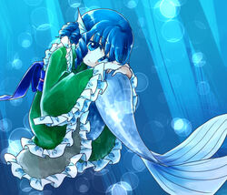  air_bubble blue_eyes blue_hair bubble colored_eyelashes commentary_request drill_hair female fins gimicalmas head_fins japanese_clothes kimono light_rays long_sleeves mermaid monster_girl obi sash solo touhou underwater wakasagihime wide_sleeves 