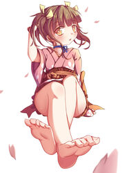  barefoot blush choker eyebrows eyebrows_visible_through_hair feet female japanese_clothes koutetsujou_no_kabaneri mumei_(kabaneri) open_mouth shiny shiny_hair simple_background sitting solo twintials white_background word_(1074421015) 