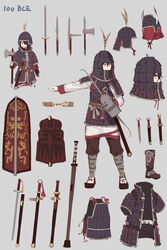  armor axe battle_axe belt black_hair boots brown_eyes china chinese_armor chinese_empire commentary_request dagger fangdan_runiu female glaive_(polearm) grey_background halberd han_dynasty helmet holding holding_axe holding_weapon ji_(weapon) jian_(weapon) knife lamellar_armor leg_wrap military multiple_views original plume polearm red_sash sandals sash scabbard sheath sheathed shield short_hair shoulder_armor simple_background single_boot socks soldier spear standing sword weapon white_legwear 