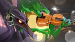  alien claws closed_eyes dragon extra_eyes hands_on_headphones headphones holding holding_instrument instrument kraid metroid monster music no_humans playing_instrument ridley sparkle spikes super_smash_bros. super_smash_bros_ultimate teke violin wings yellow_eyes 