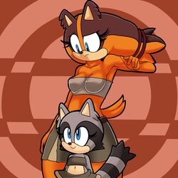  1:1 absurd_res anthro badger blue_eyes bottomwear clothing digital_media_(artwork) duo female frown hi_res mammal midriff mustelid musteline navel pattern_background raised_arm sega simple_background size_difference skirt smile sonic_boom sonic_the_hedgehog_(series) sticks_the_jungle_badger superbunnygt tail_over_skirt 