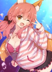  animal_ears bra breasts cleavage collarbone commentary_request fate/extra fate_(series) female fox_ears fox_tail highres hood hoodie jewelry koga_rejini large_breasts long_hair necklace oerba_yun_fang official_alternate_costume one_eye_closed open_clothes open_mouth open_shirt pink_bra pink_hair shirt solo striped_clothes striped_hoodie tail tamamo_(fate) tamamo_no_mae_(fate/extra) tamamo_no_mae_(spring_casual)_(fate) thighhighs underwear yellow_eyes zettai_ryouiki 