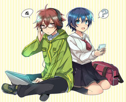  1boy ? blue_eyes blue_hair brown_hair commentary_request computer enoki_nai female glasses headphones ikushima_sora laptop photoshop_(medium) red_eyes school_uniform shinomiya_yuuki short_hair tokyo_xanadu 