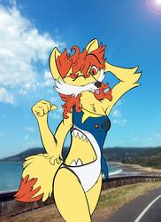  anthro anthrofied beach belly_cutout blep canid canine clothing cutout female fennekin generation_3_pokemon generation_6_pokemon mammal mursa nintendo one-piece_swimsuit pokemon pokemon_(species) pokemorph seaside sharkini sharpedo single_strap single_strap_clothing single_strap_swimsuit single_strap_swimwear solo swimwear tongue tongue_out 