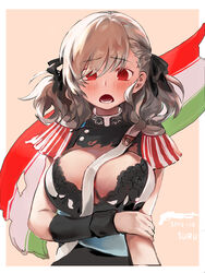  absurdres alternate_costume artist_name blush braid breasts character_name cleavage commentary curly_hair epaulettes eyebrows eyebrows_visible_through_hair female girls_frontline hair_between_eyes highres italian_flag large_breasts looking_at_viewer open_mouth red_eyes sash silver_hair snowru solo spas-12_(girls_frontline) 