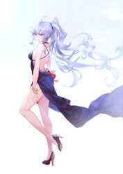  ahoge backless_dress backless_outfit bare_shoulders bracelet braid breasts cleavage closed_mouth commentary_request dress female from_side granblue_fantasy grey_hair hair_between_eyes high_heels jewelry large_breasts legs long_hair official_alternate_costume ponytail purple_dress sideboob sidelocks silva_(gentian_blue)_(granblue_fantasy) silva_(granblue_fantasy) smile solo twin_braids very_long_hair vienri wavy_hair yellow_eyes 