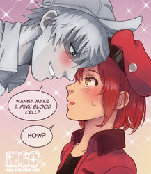  1boy ae-3803 blush colored_skin commentary english_text eye_contact female hat hataraku_saibou looking_at_another mango_(mgosketches) out_of_character red_blood_cell_(hataraku_saibou) red_hair seductive_smile smile sparkle speech_bubble straight sweatdrop u-1146 watermark white_blood_cell_(hataraku_saibou) white_hair white_skin 