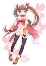  black_thighhighs boots commentary_request dendrobium_(flower_knight_girl) female fingerless_gloves flower_knight_girl gloves hairband kokotetsu long_hair looking_at_viewer panties red_eyes smile solo thighhighs twintails underwear 