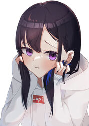  aflo black_hair blush braid commentary female head_rest highres hood hooded_jacket ichinose_uruha ichinose_uruha_(2nd_costume) iris_black_games jacket long_hair long_sleeves looking_at_viewer lupinus_virtual_games multicolored_hair pout purple_eyes side_braid solo streaked_hair twirling_hair virtual_youtuber vspo! white_jacket 