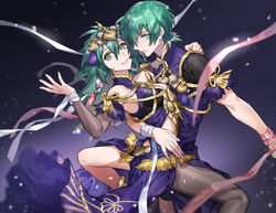  1boy braid breasts byleth_(female)_(fire_emblem) byleth_(fire_emblem) byleth_(male)_(fire_emblem) cleavage closed_mouth commentary_request cosplay detached_sleeves dress female fire_emblem fire_emblem:_three_houses floating_hair green_eyes green_hair grey_legwear grey_sleeves grin hair_between_eyes long_hair long_sleeves looking_at_viewer medium_breasts nakapipo pantyhose pink_ribbon purple_dress ribbon ribbon_braid short_hair smile sothis_(fire_emblem) sothis_(fire_emblem)_(cosplay) twin_braids white_ribbon 