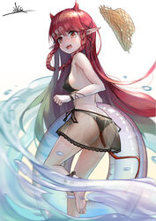  absurdres ankle_cuffs arknights ass bare_arms bare_legs bare_shoulders barefoot bikini bikini_skirt black_bikini braid breasts chinese_commentary commentary female foot_out_of_frame hat highres hongshao_tang_gua horns innertube long_hair looking_at_viewer miniskirt oerba_yun_fang official_alternate_costume open_mouth photoshop_(medium) pointy_ears red_eyes red_hair see-through see-through_skirt signature simple_background skirt small_breasts solo standing standing_on_one_leg sun_hat swim_ring swimsuit tail thighs twin_braids unworn_hat unworn_headwear v-shaped_eyebrows very_long_hair vigna_(arknights) vigna_(casual_vacation)_(arknights) water white_background 